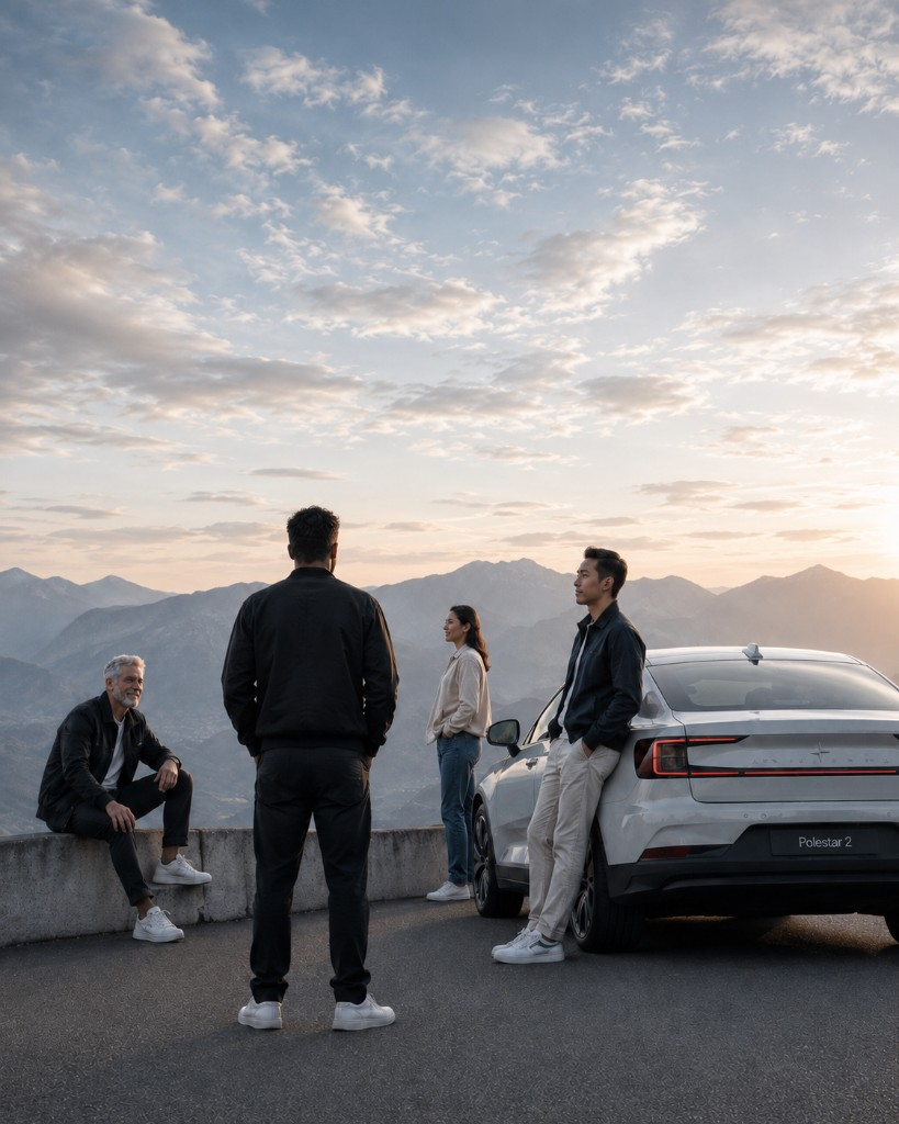 Community bei Sonnenuntergang am Auto